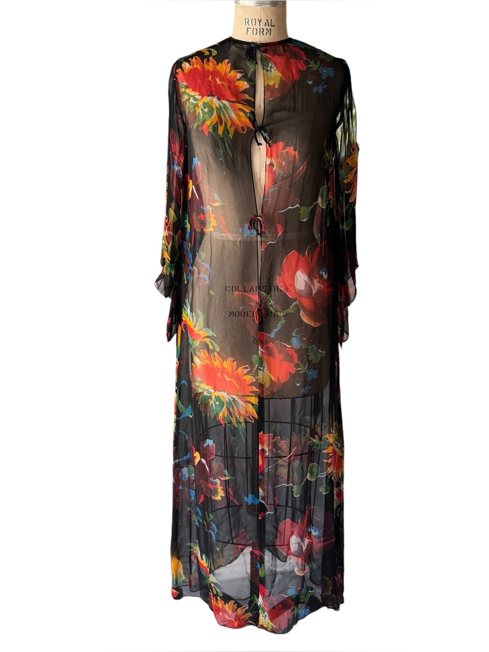 Vintage 70s Floral Patterned Sheer Chiffon Caftan Style Hostess Gown